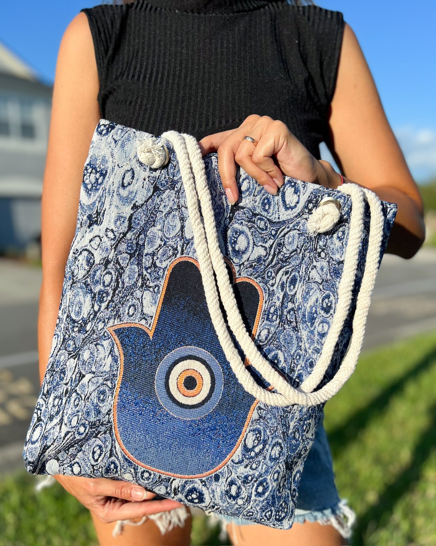Hamsa Hand Shoulder Bag, Woven Fabric Tote Bag