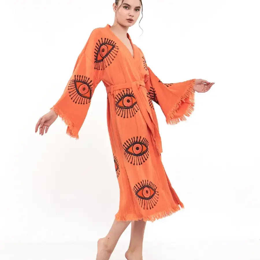 %100 Cotton Kimono, Evil Eye Robe, Boho Kimono