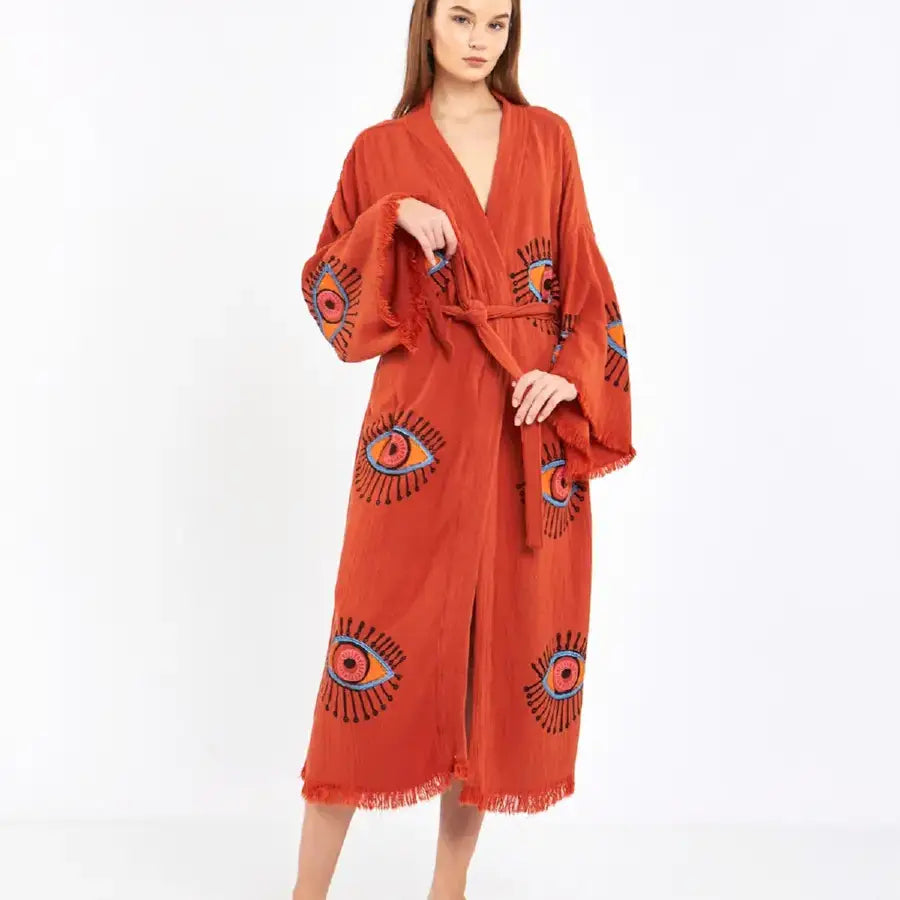 Long Cotton Kimono, Evil Eye Robe, Organic Cotton Kimono