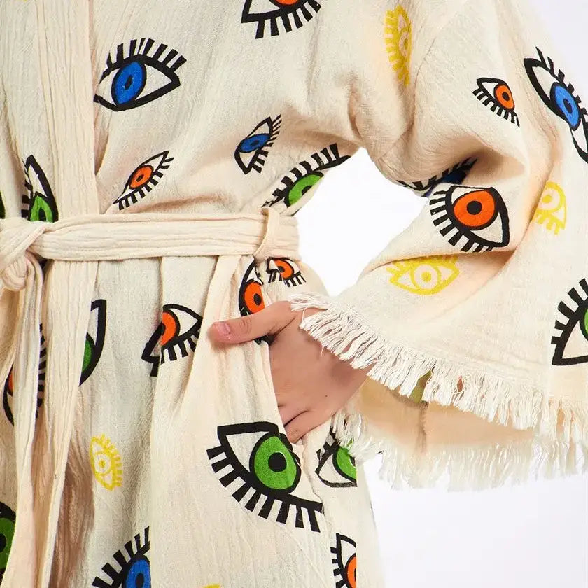 Organic Cotton Colorful Evil Eye Kimono, Long Robe