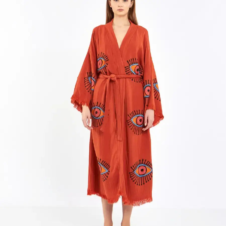 Long Cotton Kimono, Evil Eye Robe, Organic Cotton Kimono