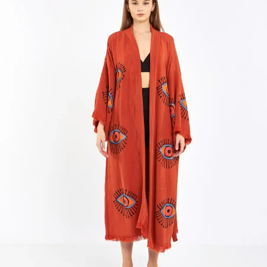 Long Cotton Kimono, Evil Eye Robe, Organic Cotton Kimono
