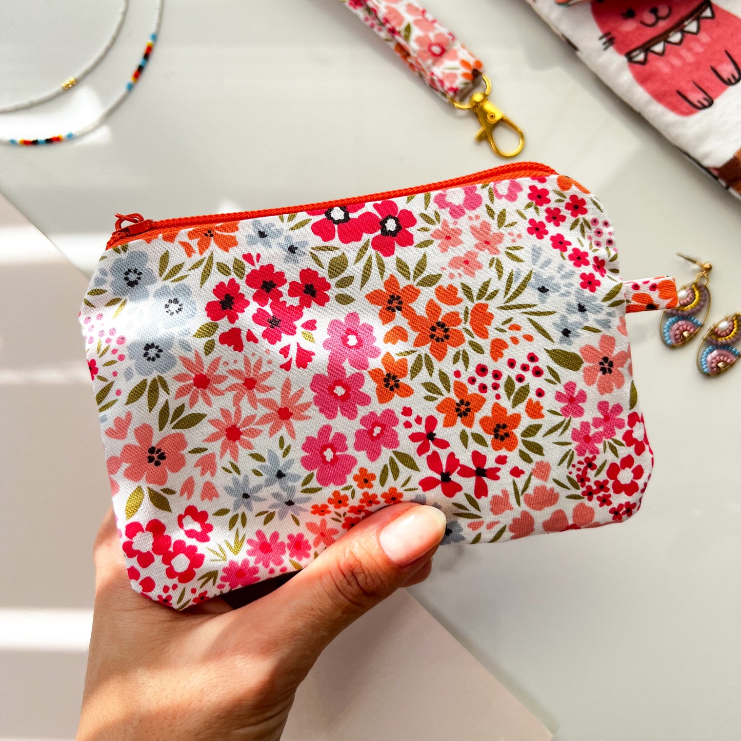 Pink Floral Coin Purse with Wristlet, Handmade Pouch