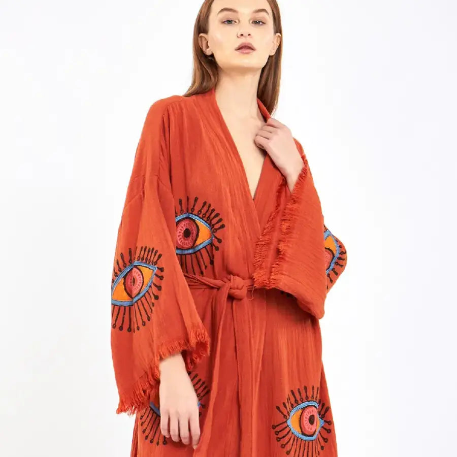 Long Cotton Kimono, Evil Eye Robe, Organic Cotton Kimono