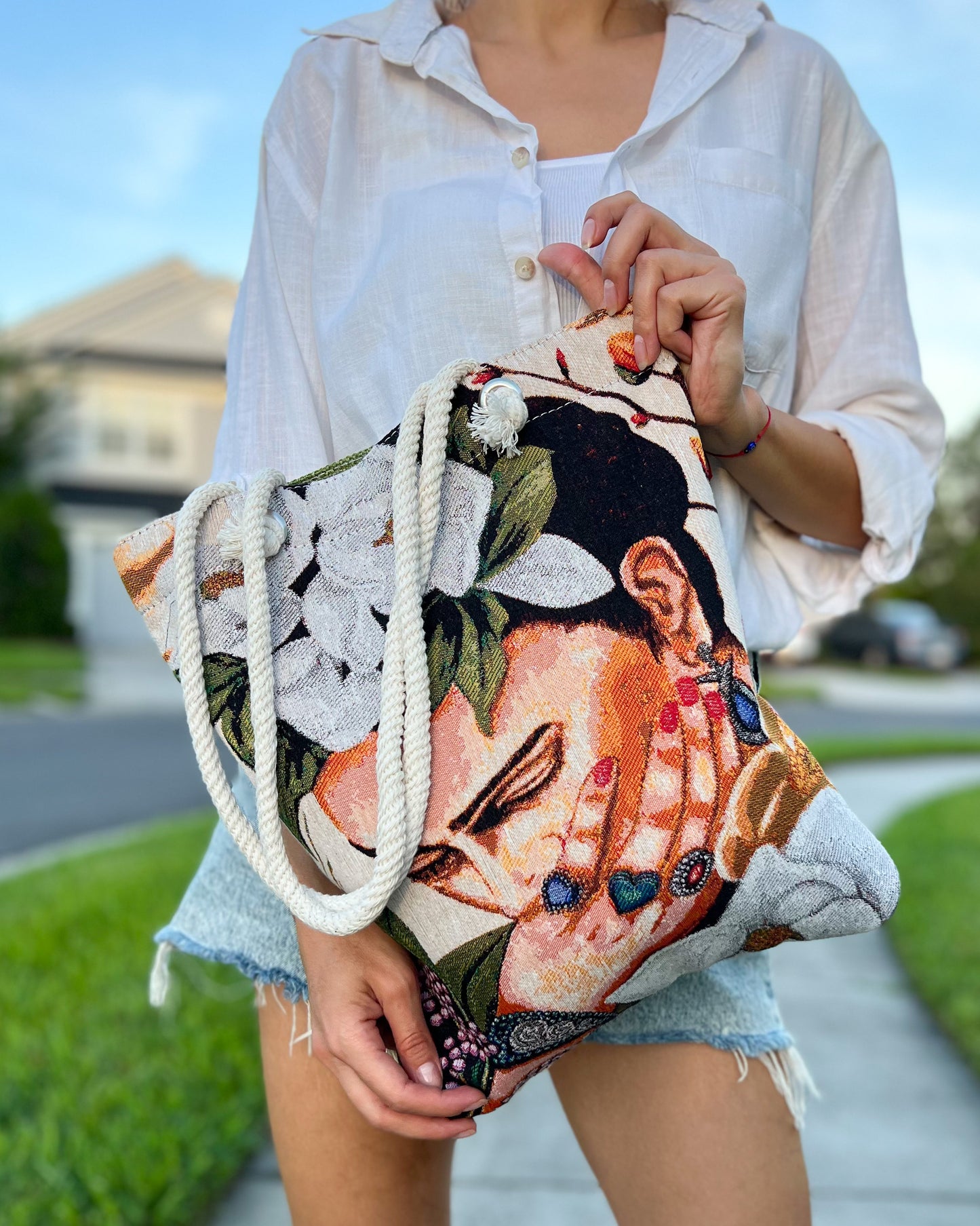 Woven Fabric Tote Bag, Frida Kahlo Design Shoulder Bag