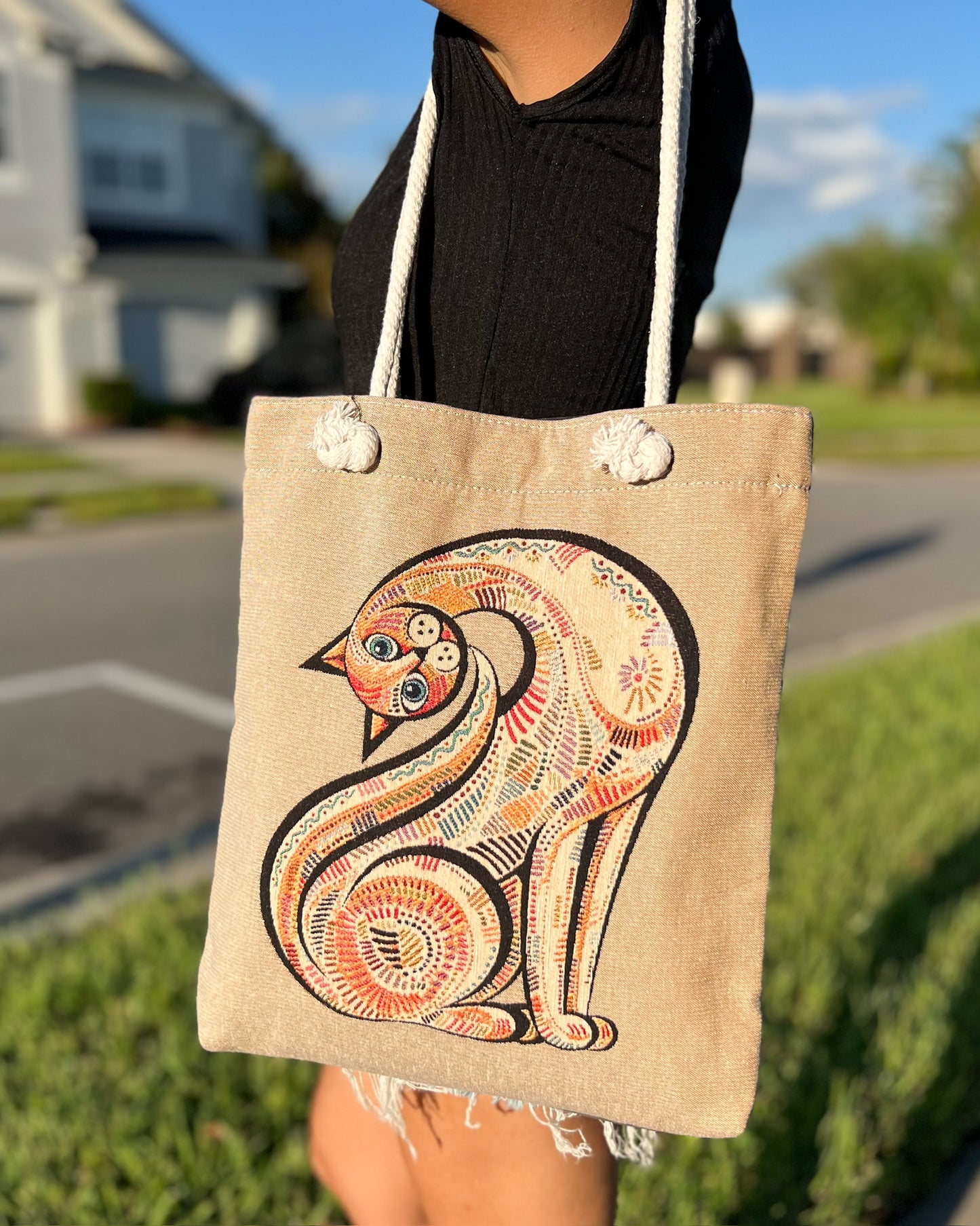 Cat Design Shoulder Bag, Woven Fabric Tote Bag