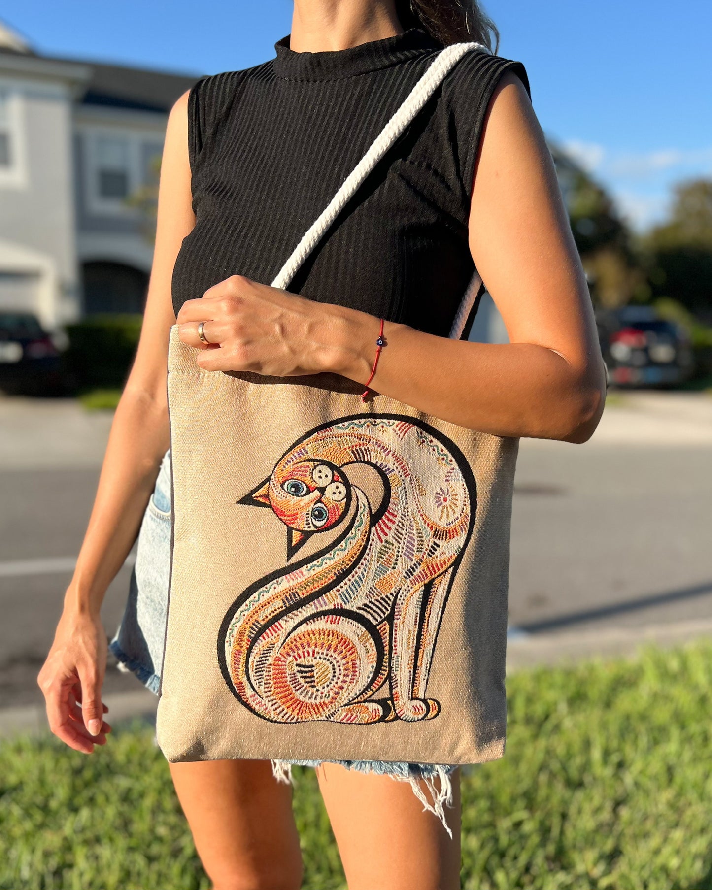 Cat Design Shoulder Bag, Woven Fabric Tote Bag