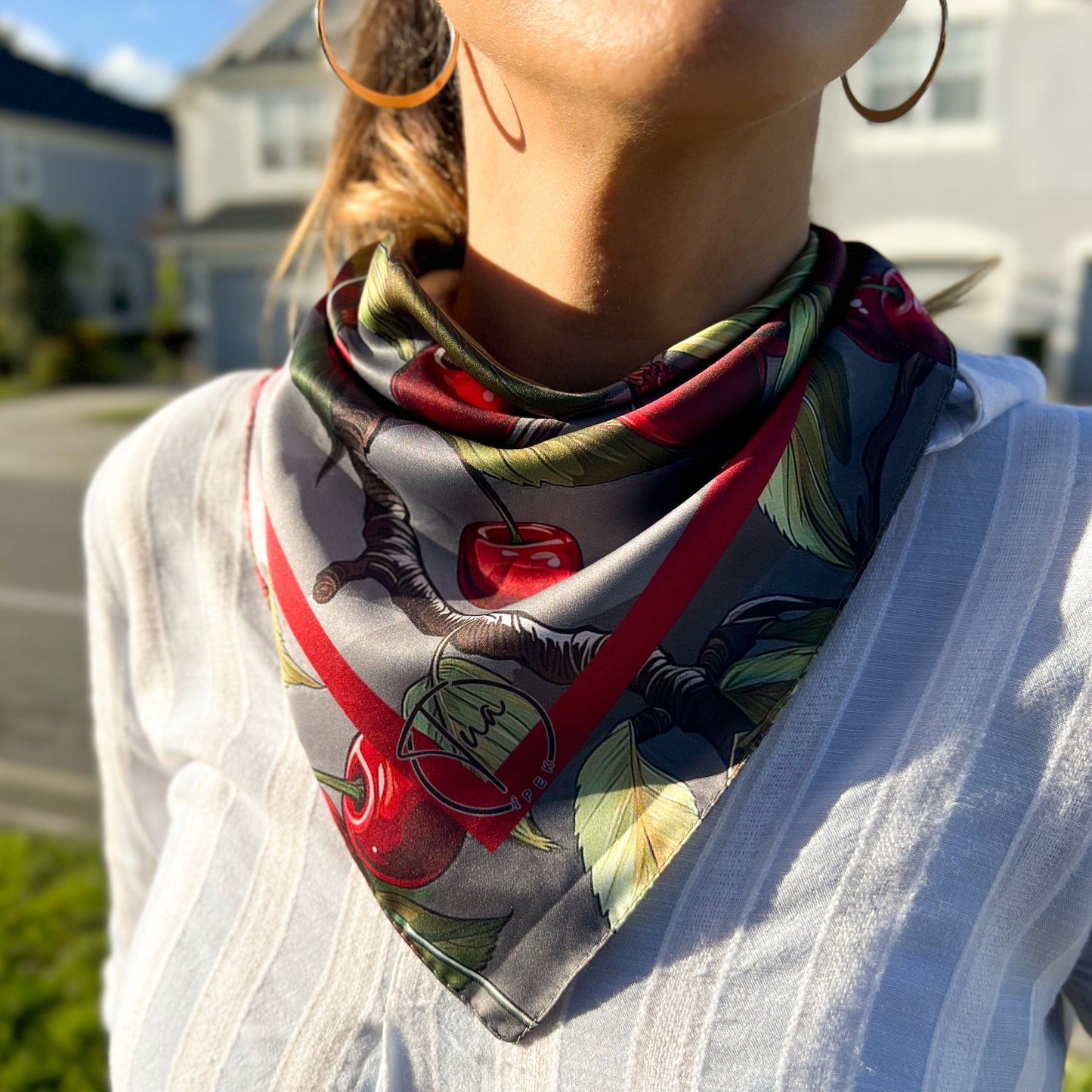 Cute Bandana, Cherry Bandana, Soft Satin Bandana
