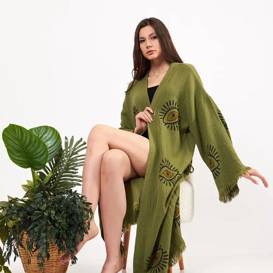 Green Evil Eye Kimono, Cotton Kaftan Kimono, Evil Eye Robes