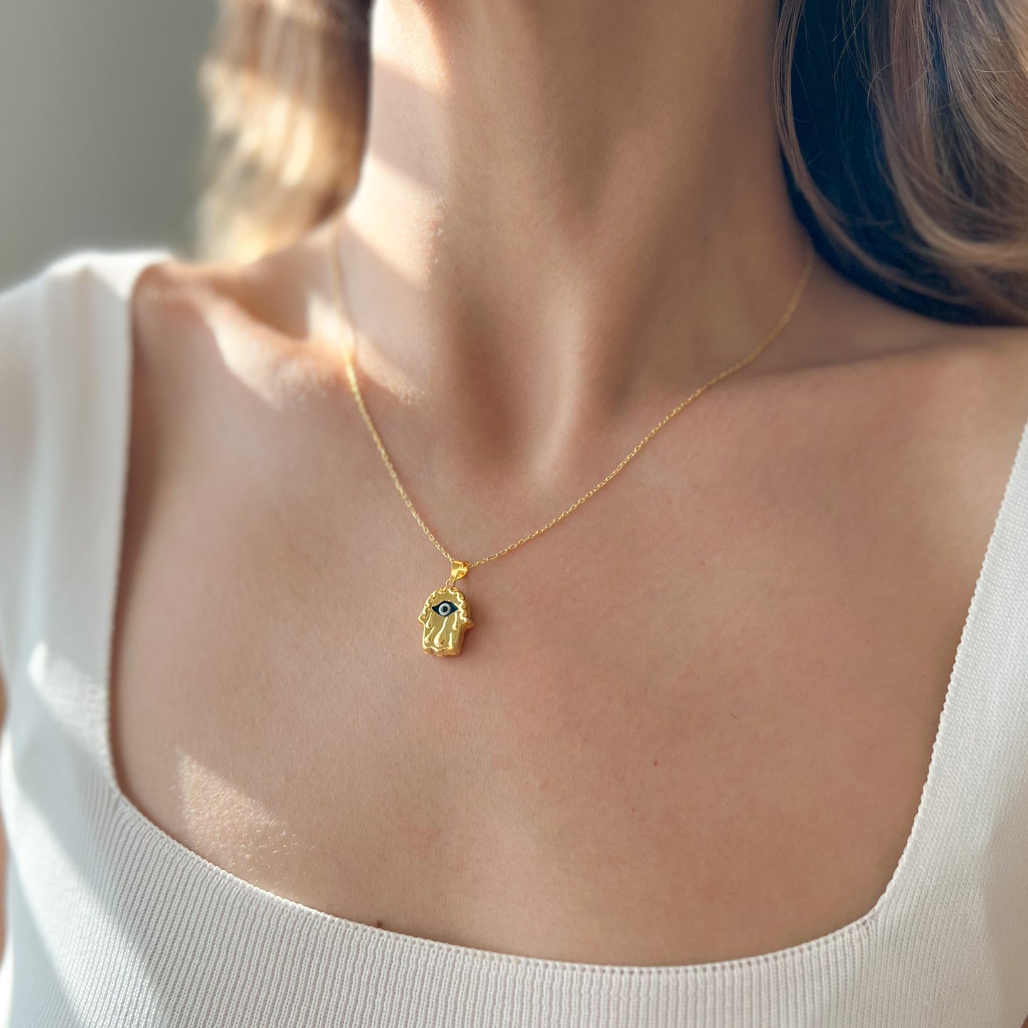 Hamsa Hand Silver Necklace, Gold Plated Silver Necklace