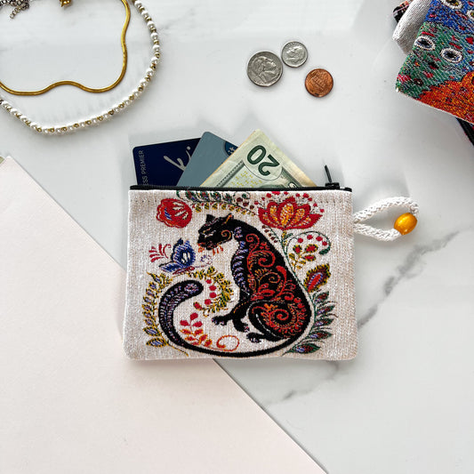 Handmade Fabric Pouch, Animal Print Purse, Cat Design Coin Purse