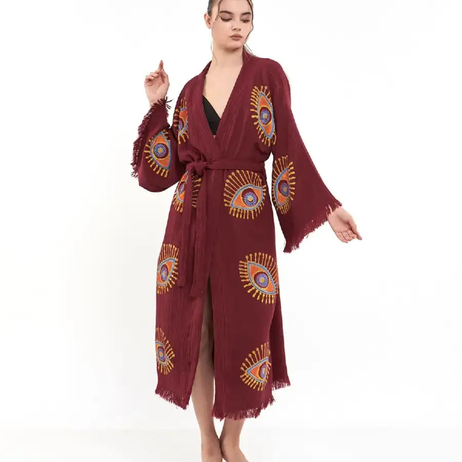 Long Evil Eye Kimono, Organic Cotton Kimono, Kaftan Kimono