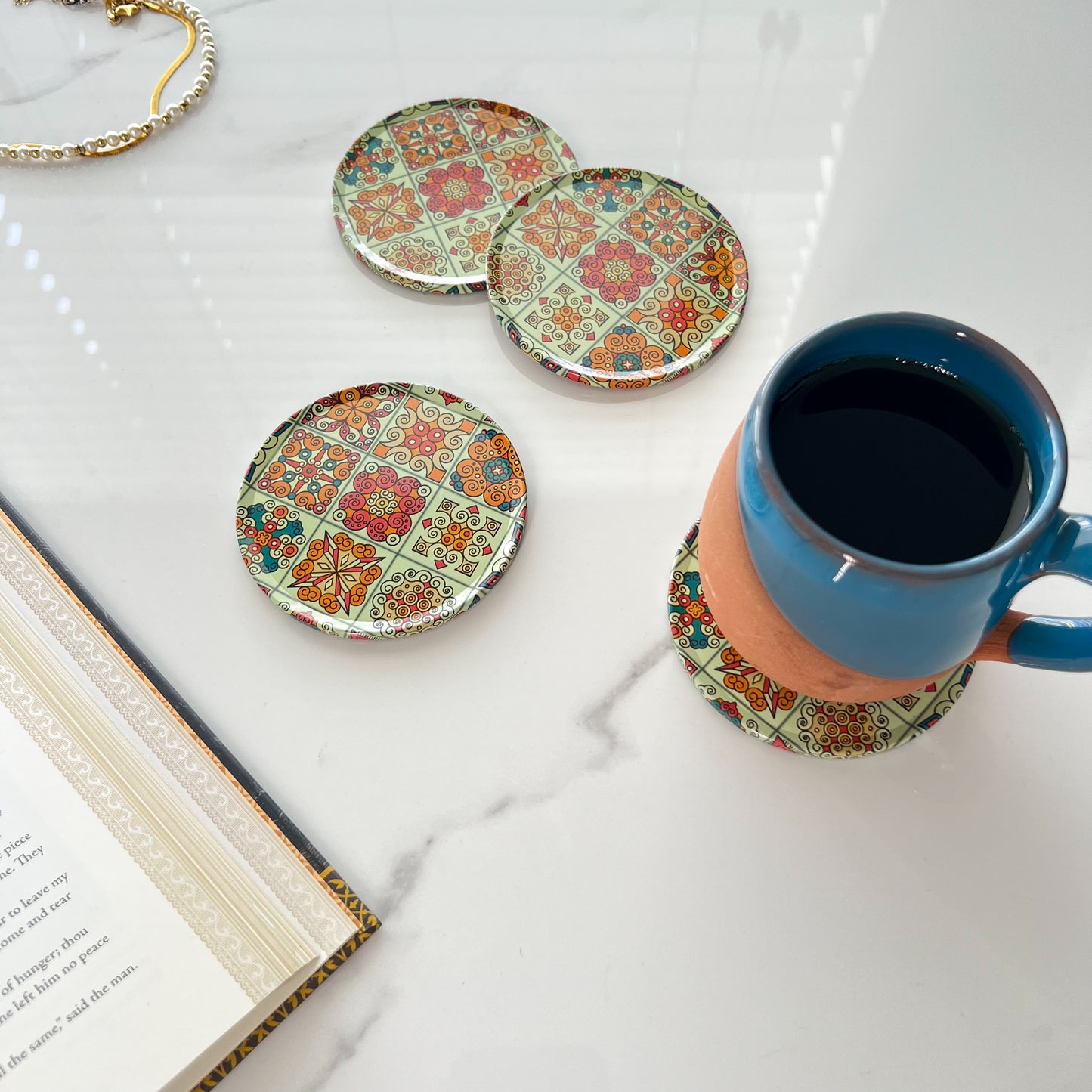 Moroccan Tile Style Tin Coaster, Bohemian Coaster