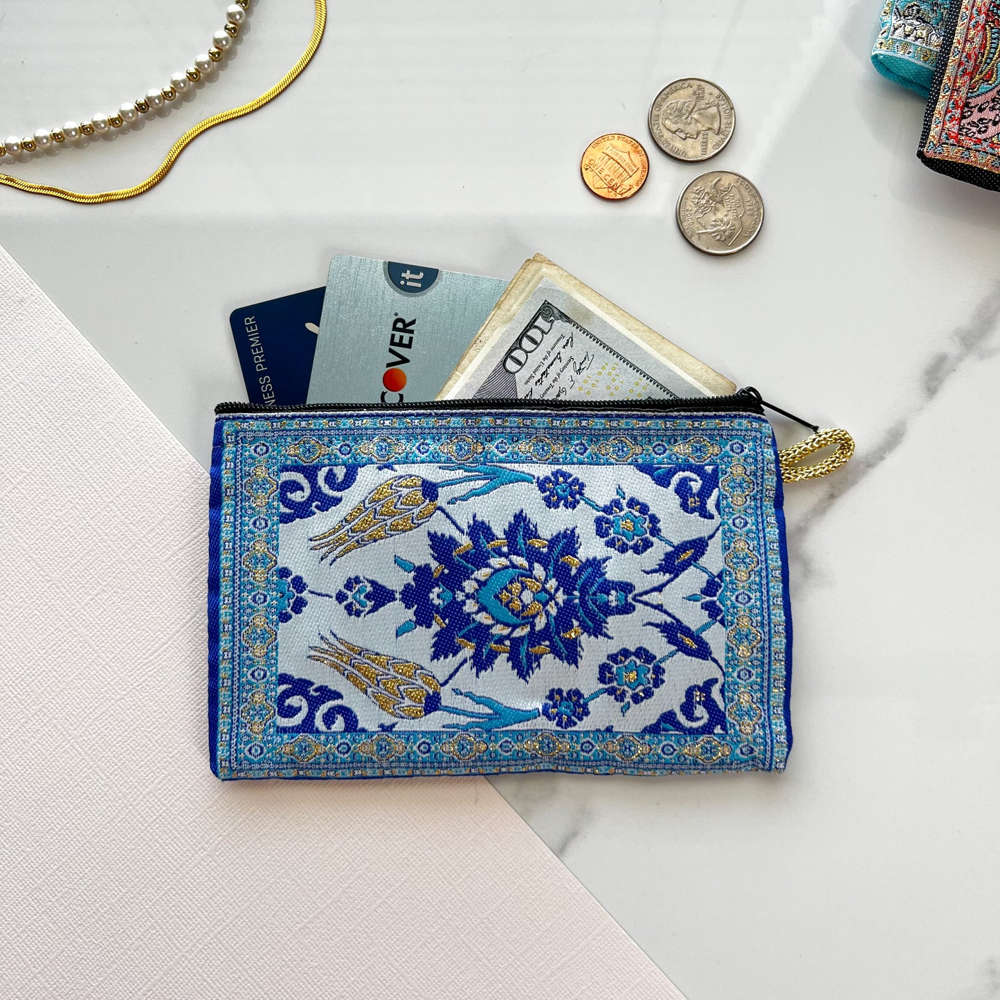 Blue Coin Purse, Floral Pouch, Handmade Coin Pouch