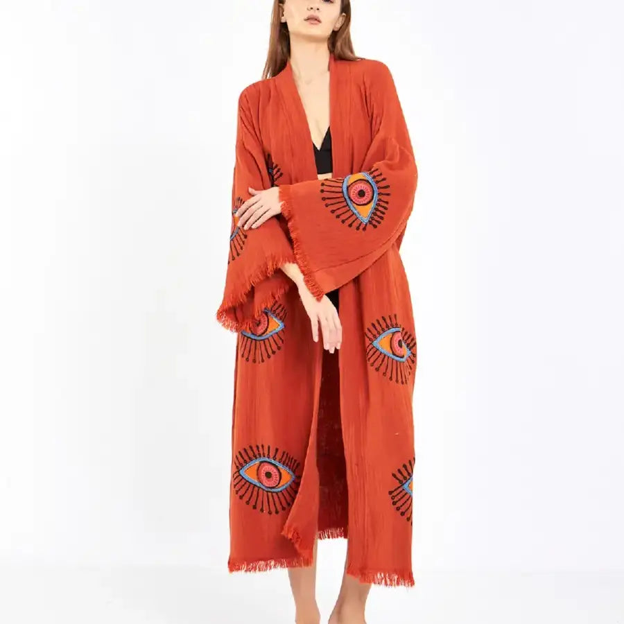 Long Cotton Kimono, Evil Eye Robe, Organic Cotton Kimono