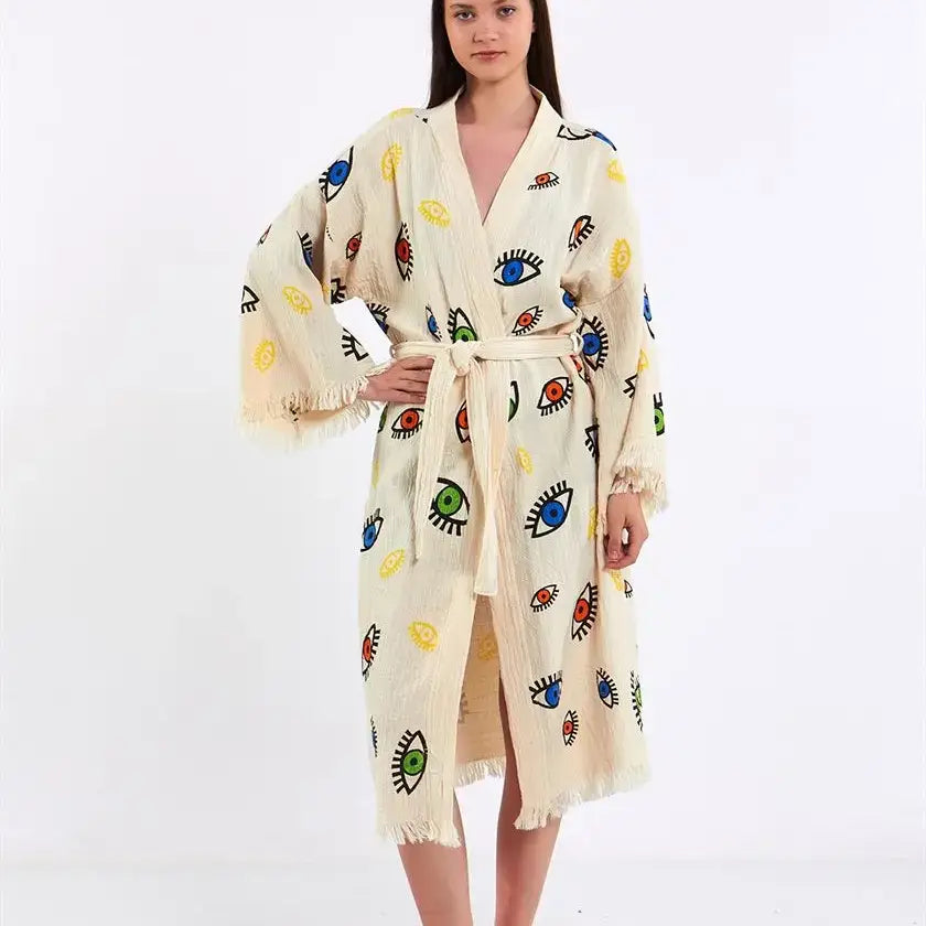 Organic Cotton Colorful Evil Eye Kimono, Long Robe