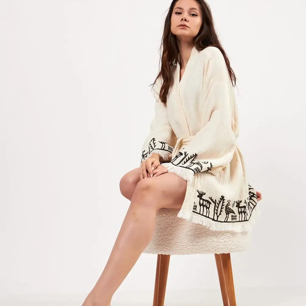 Organic Cotton Short Kimono, Short Kaftan, Boho Robe Women