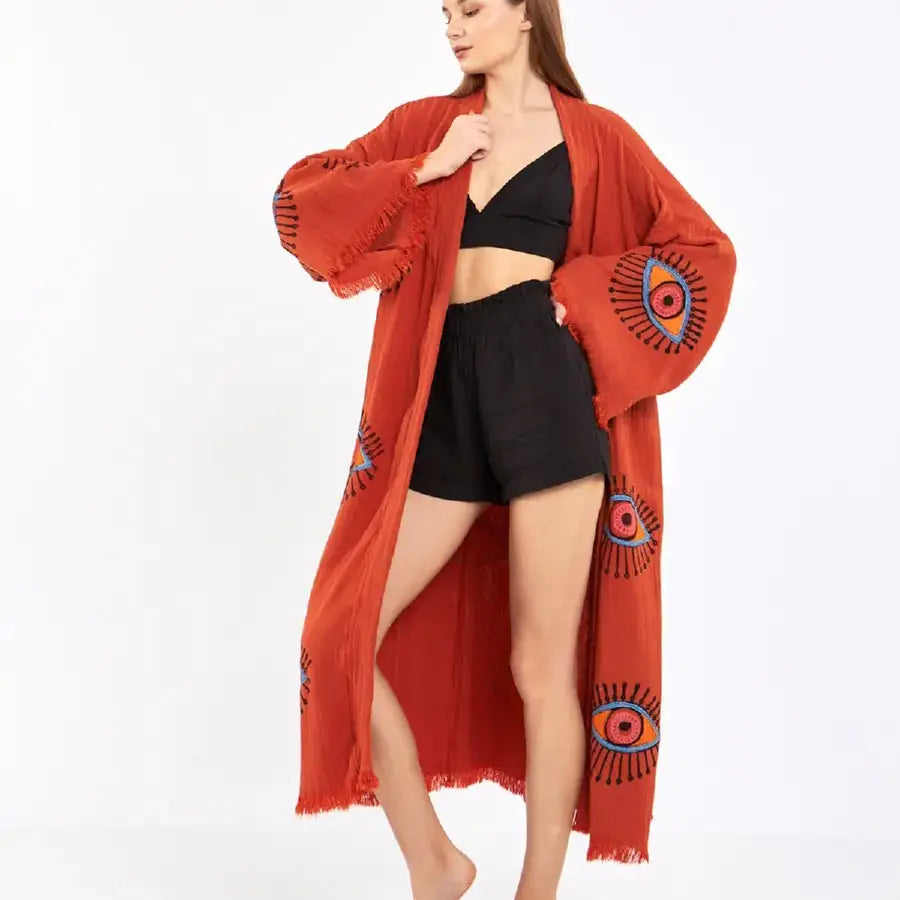 Long Cotton Kimono, Evil Eye Robe, Organic Cotton Kimono