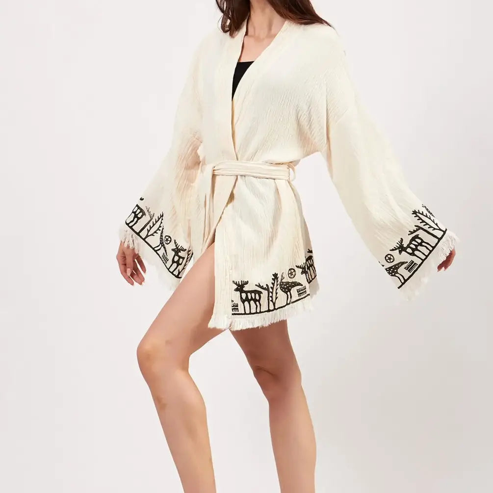Organic Cotton Short Kimono, Short Kaftan, Boho Robe Women