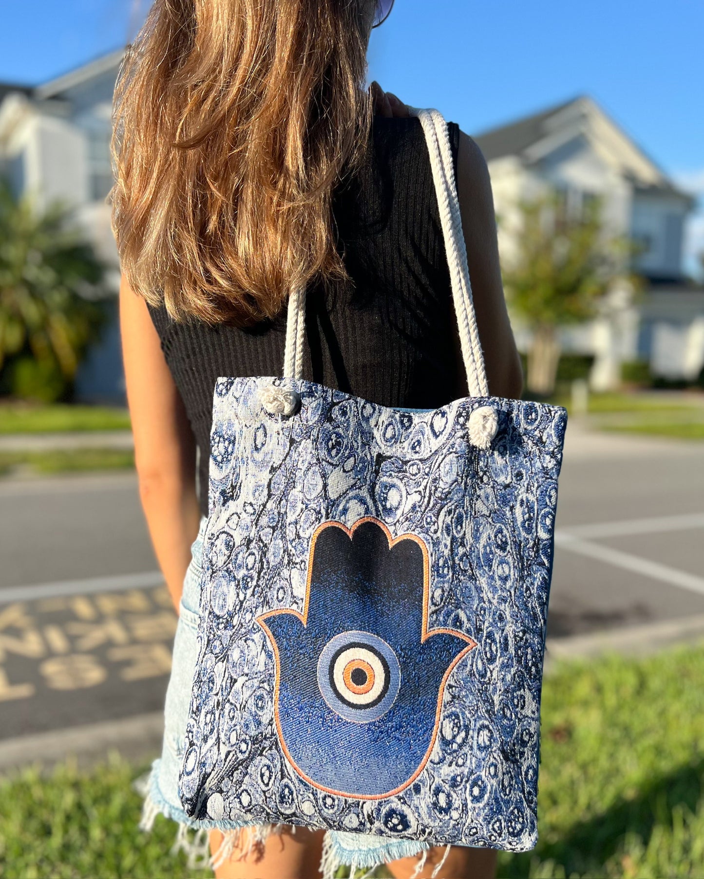 Hamsa Hand Shoulder Bag, Woven Fabric Tote Bag
