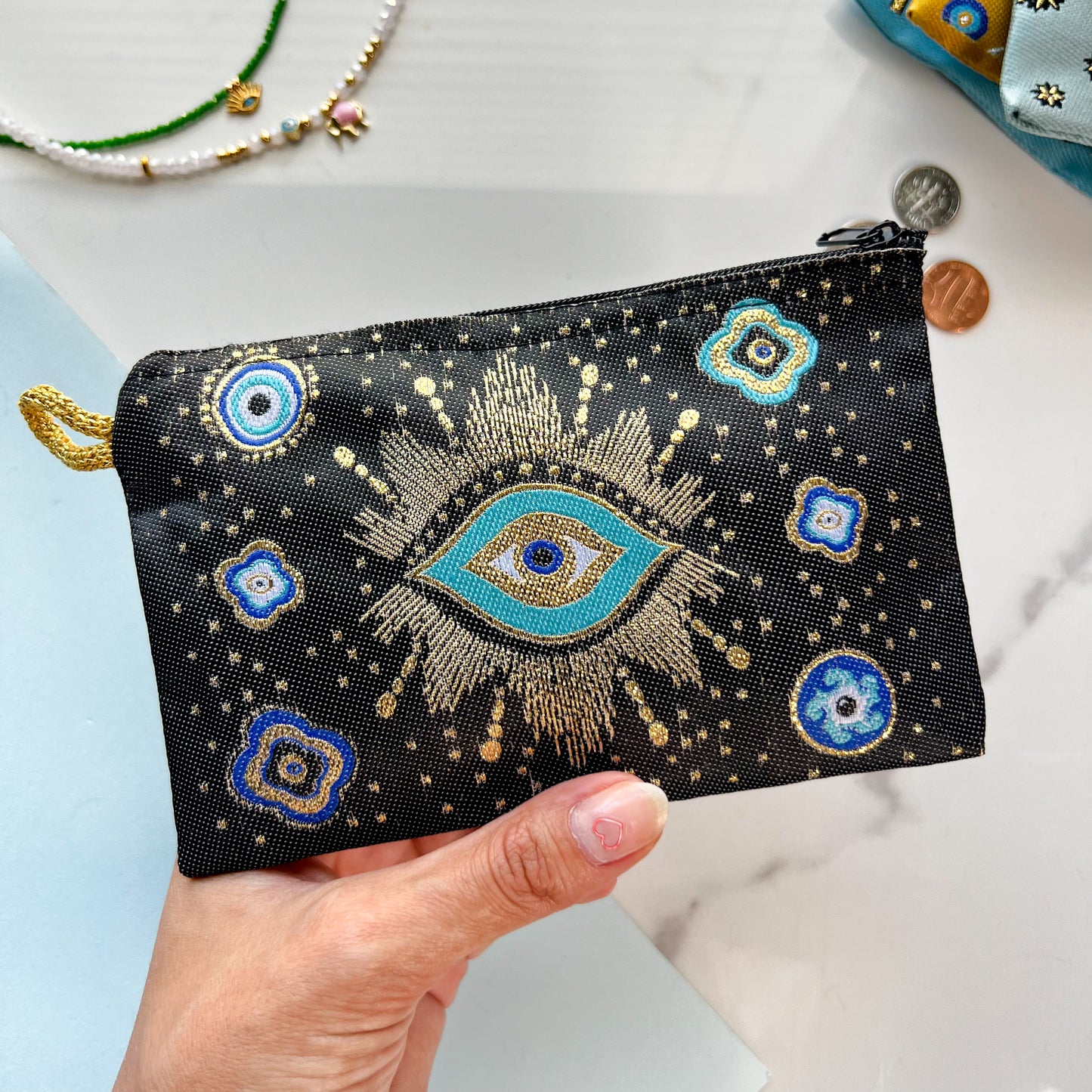 Turkish Evil Eye Coin Purse, Fabric Zipper Pouch, Small Gifts