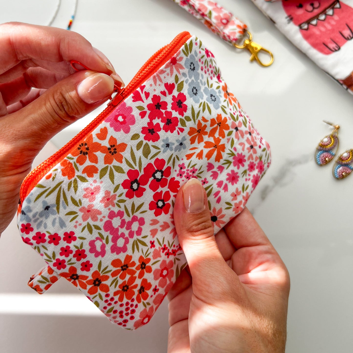 Pink Floral Zipper Purse, Cute Coin Purse, Handmade Purse