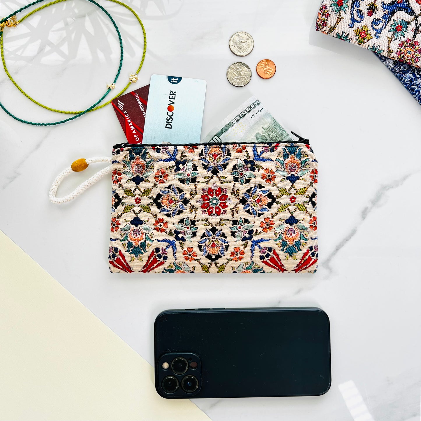 Floral Coin Purse, Woven Fabric Pouch, Travel Purse
