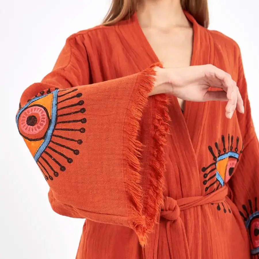 Long Cotton Kimono, Evil Eye Robe, Organic Cotton Kimono