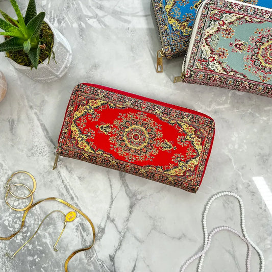 Red Zip Around Wallet, Rug Design Vegan Wallet