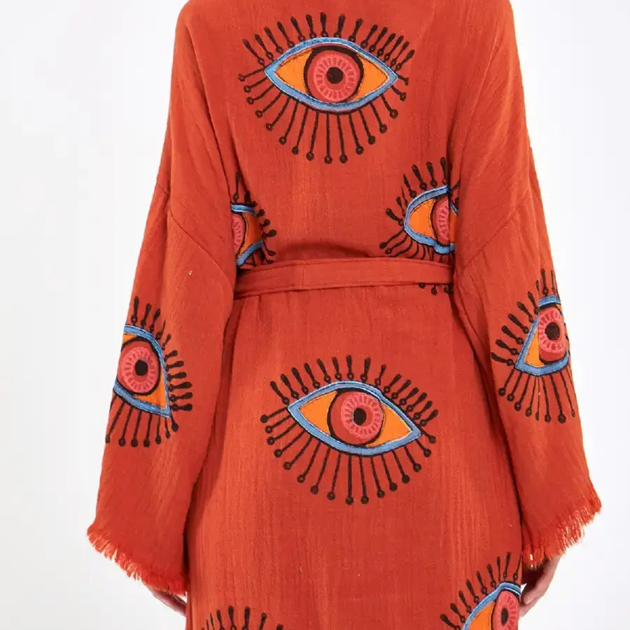 Long Cotton Kimono, Evil Eye Robe, Organic Cotton Kimono