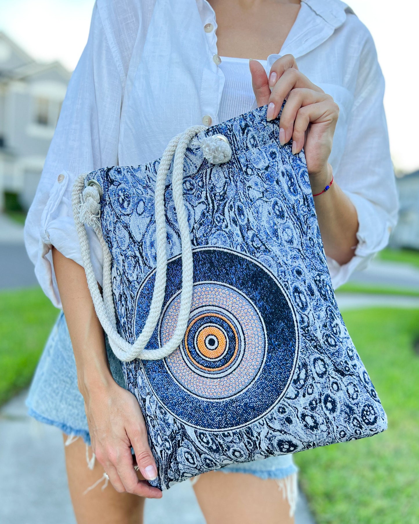 Evil Eye Tote Bag, Boho Shoulder Bag for Women, Premium Woven Tote Bag