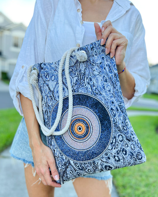 Evil Eye Tote Bag, Boho Shoulder Bag for Women, Premium Woven Tote Bag