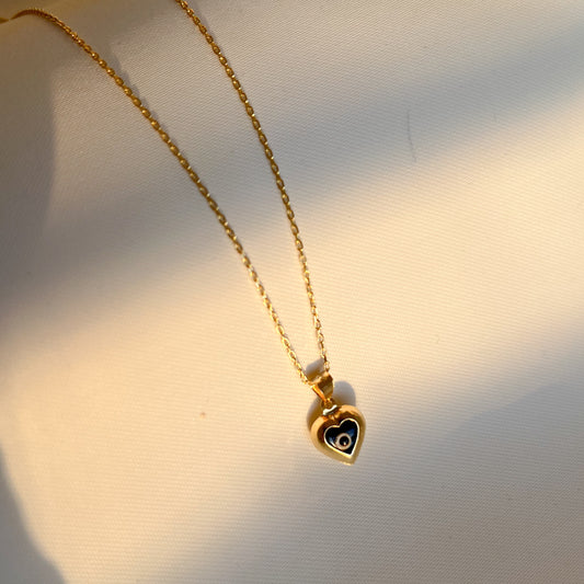 Heart Necklace, Gold Plated Silver Necklace with Evil Eye