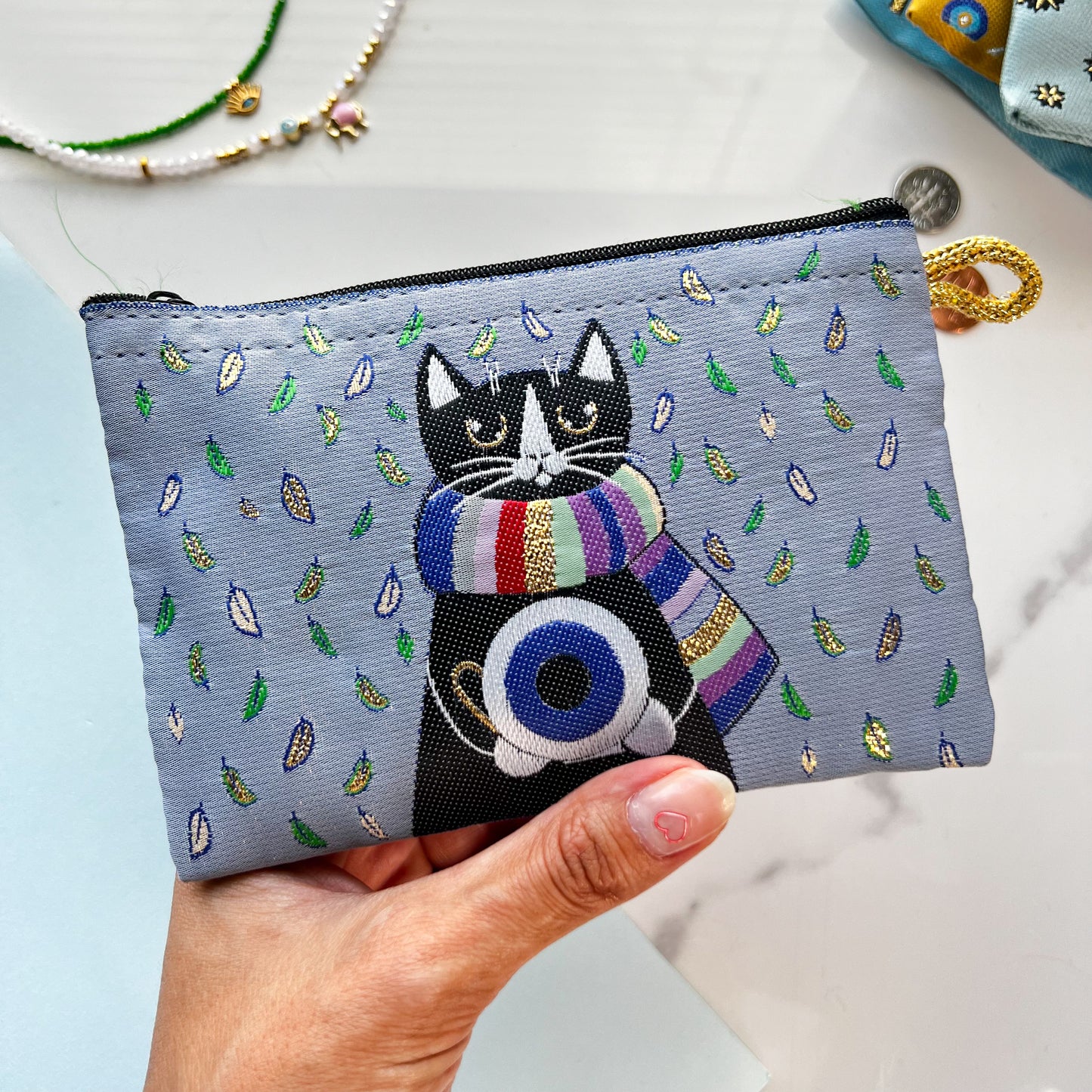 Fabric Zipper Pouch with Cat Design, Cute Coin Purse, Gift for Cat Owners