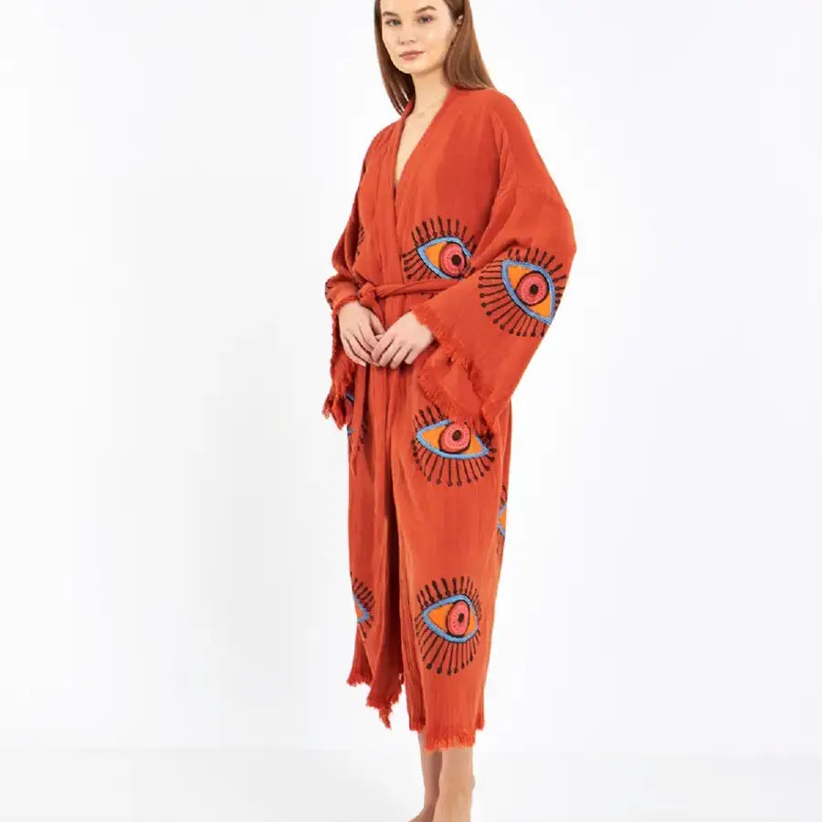 Long Cotton Kimono, Evil Eye Robe, Organic Cotton Kimono