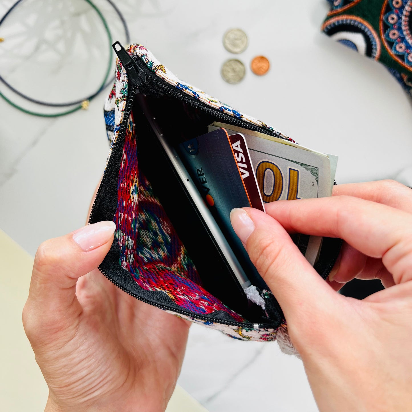 Woven Fabric Pouch, Floral Coin Purse