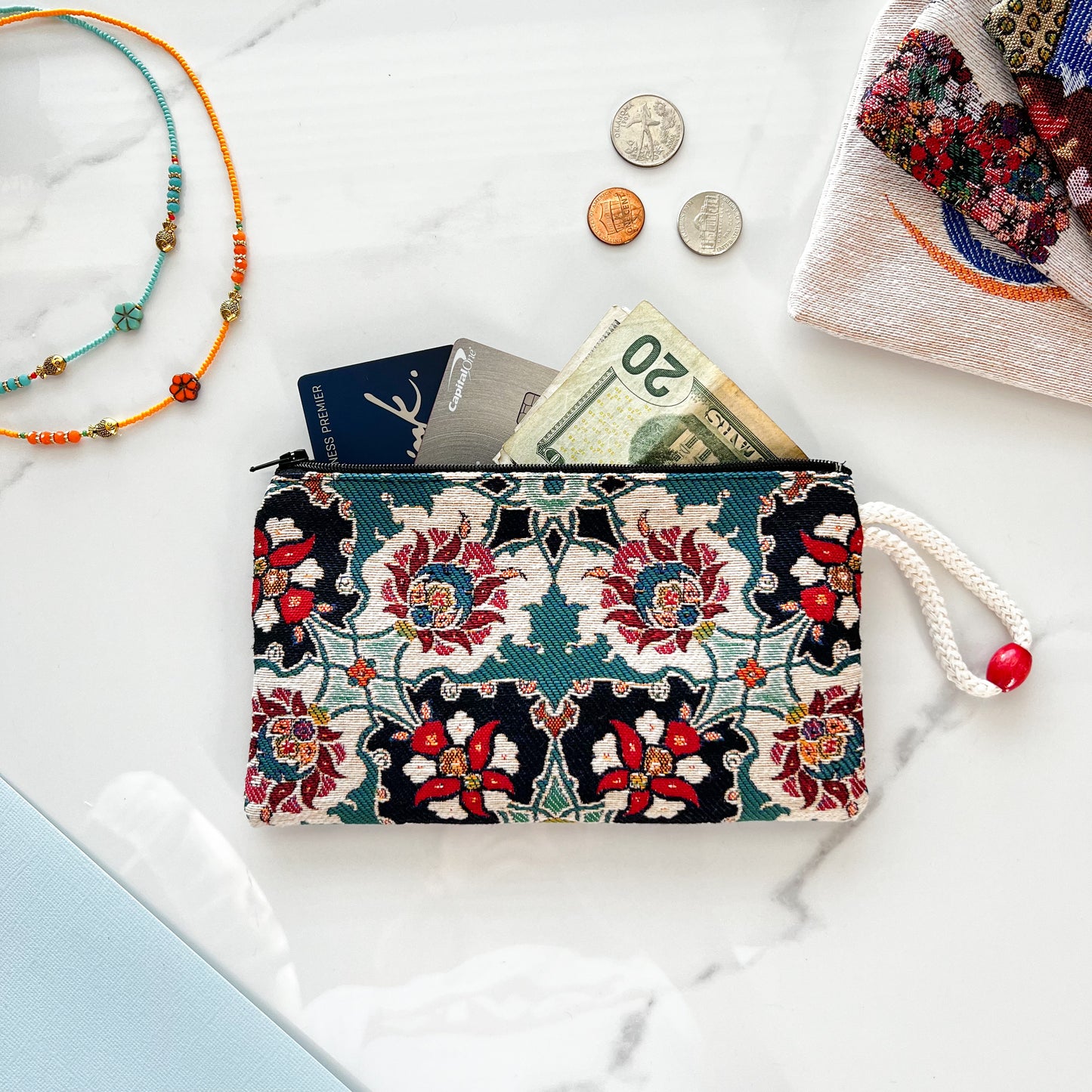 Woven Fabric Pouch, Floral Coin Purse
