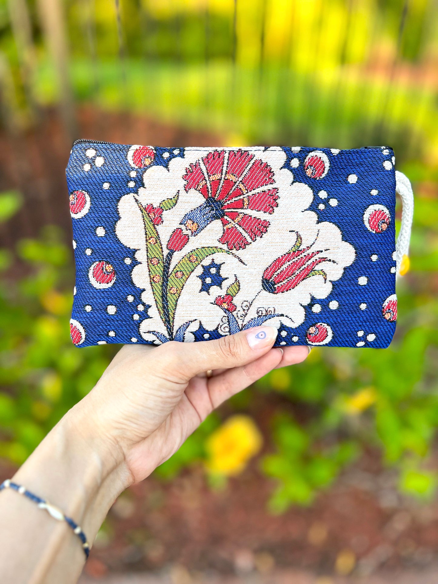 Floral Coin Purse, Woven Fabric Zipper Pouch