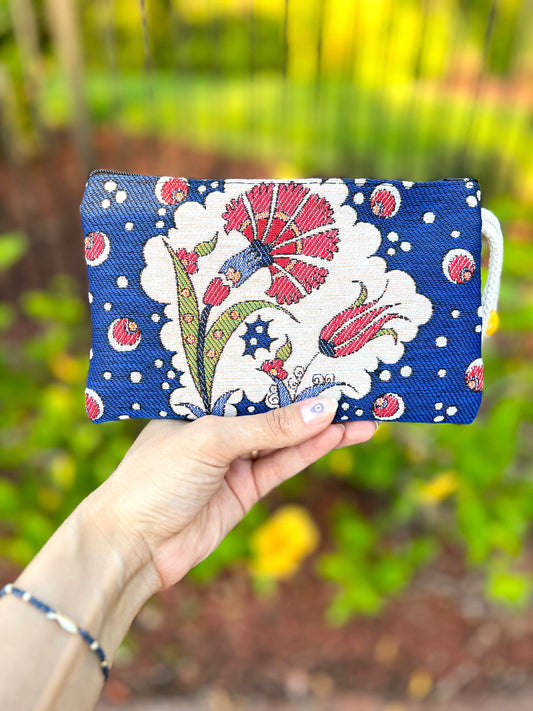 Floral Coin Purse, Woven Fabric Zipper Pouch