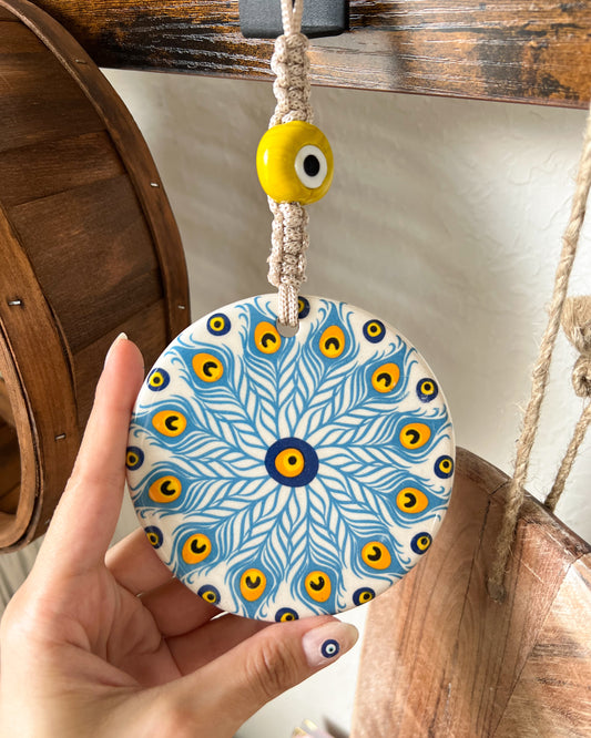 Ceramic Evil Eye Wall Hanging, Macrame Evil Eye