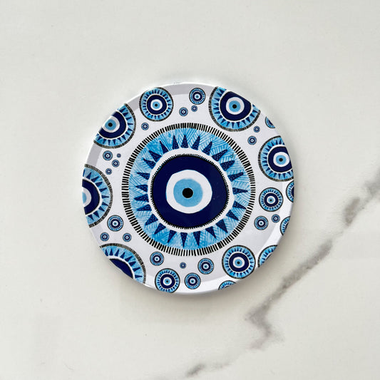 Evil Eye Coaster, Tin Coaster with Cork Backing