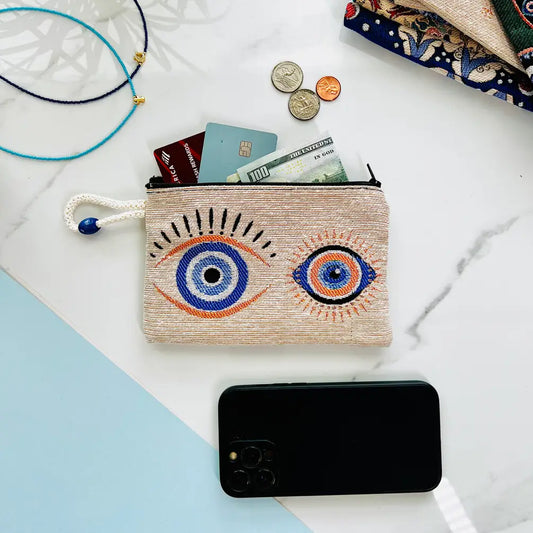 Woven Fabric Coin Purse, Evil Eye Zipper Pouch, Small Gifts