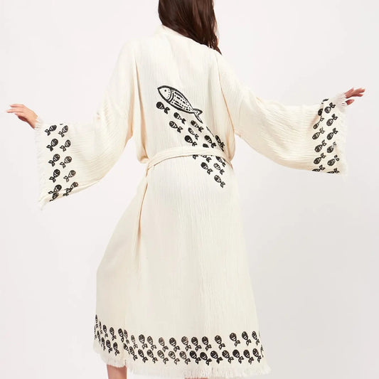 Block Print Muslin Cotton Kimono, Long Robe for Women