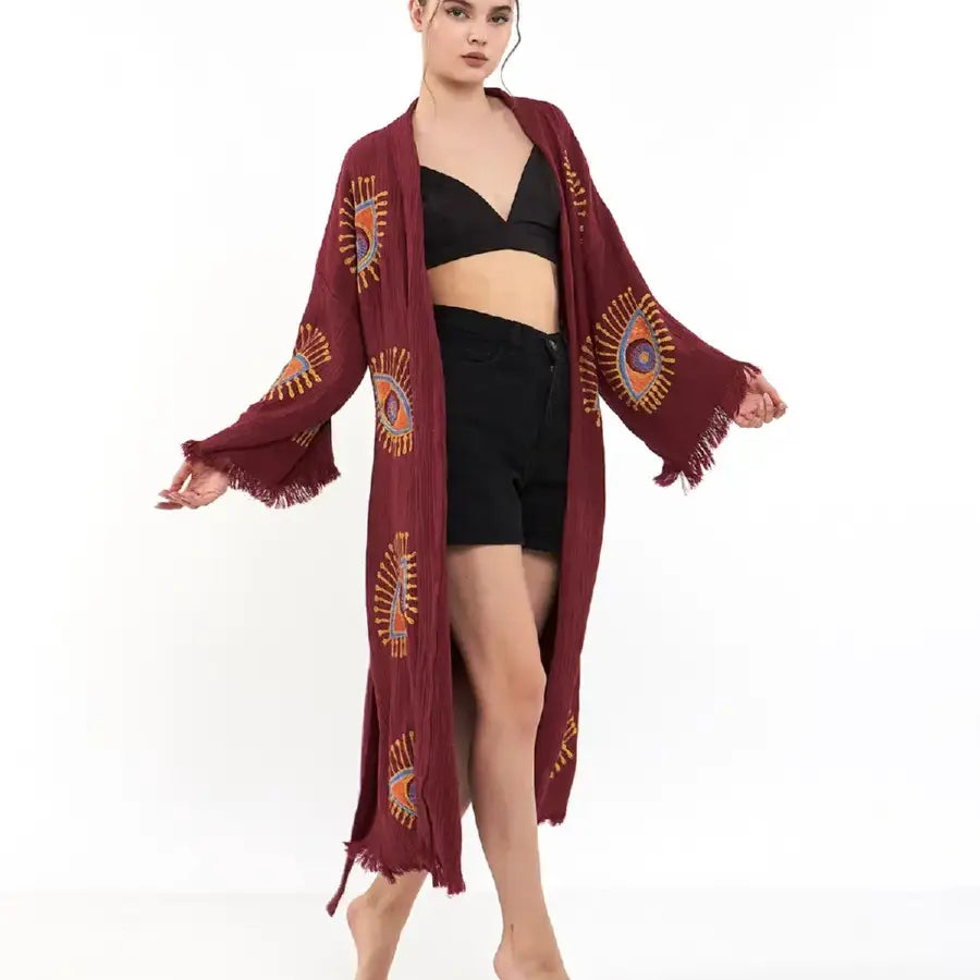 Long Evil Eye Kimono, Organic Cotton Kimono, Kaftan Kimono