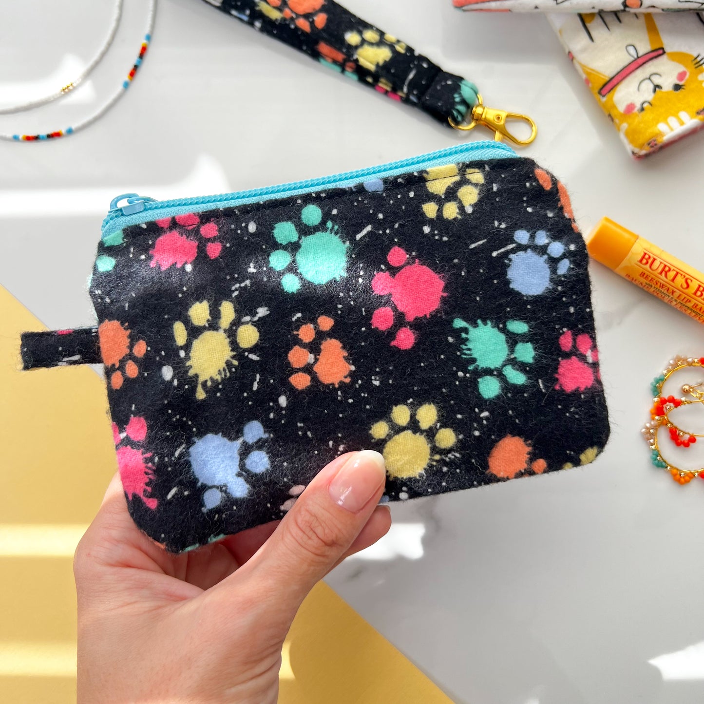 Handmade Fabric Pouch with Wristlet, Cute Zipper Pouch