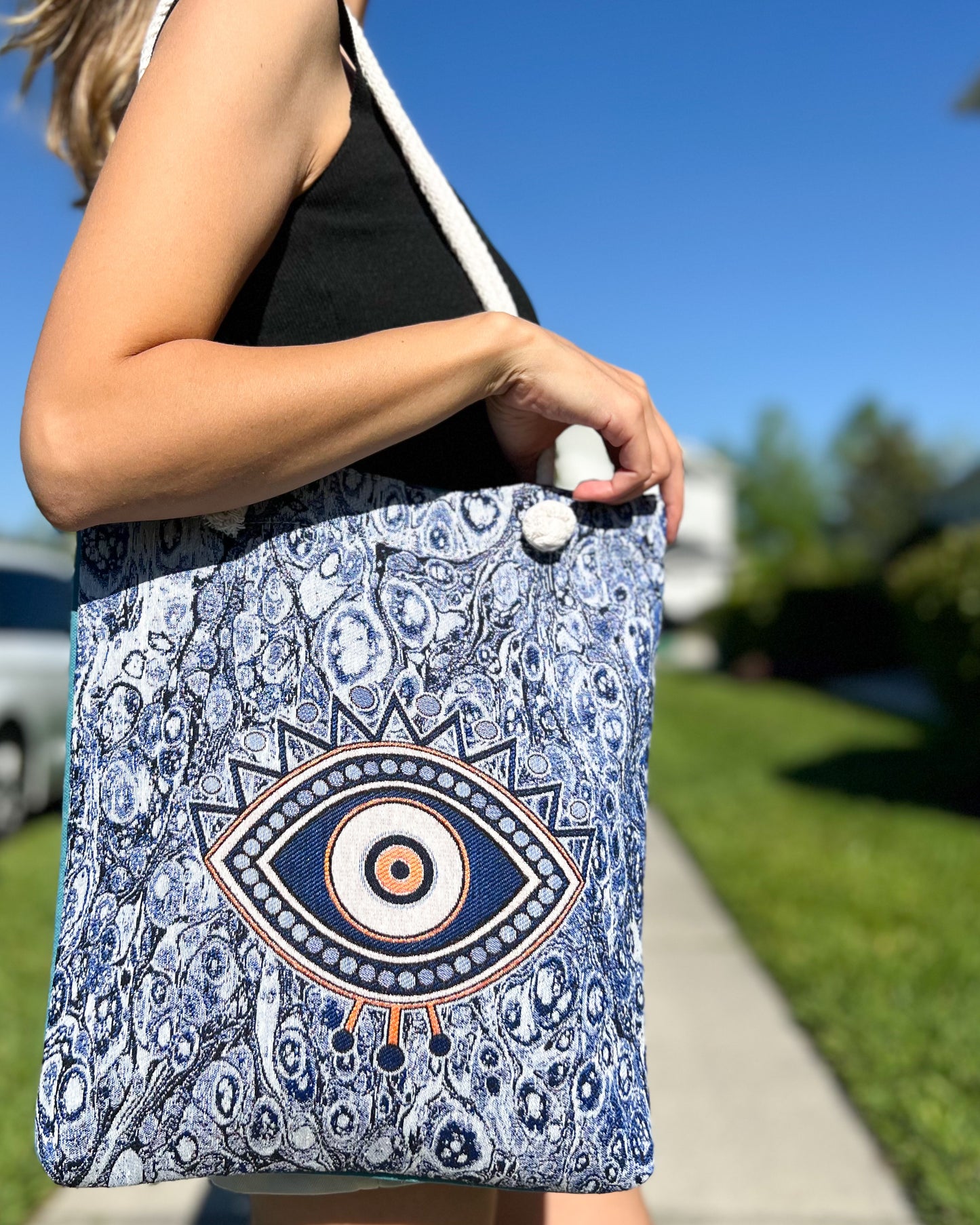 Evil Eye Beach Bag, Tote Bag for Women, Boho Shoulder Bag
