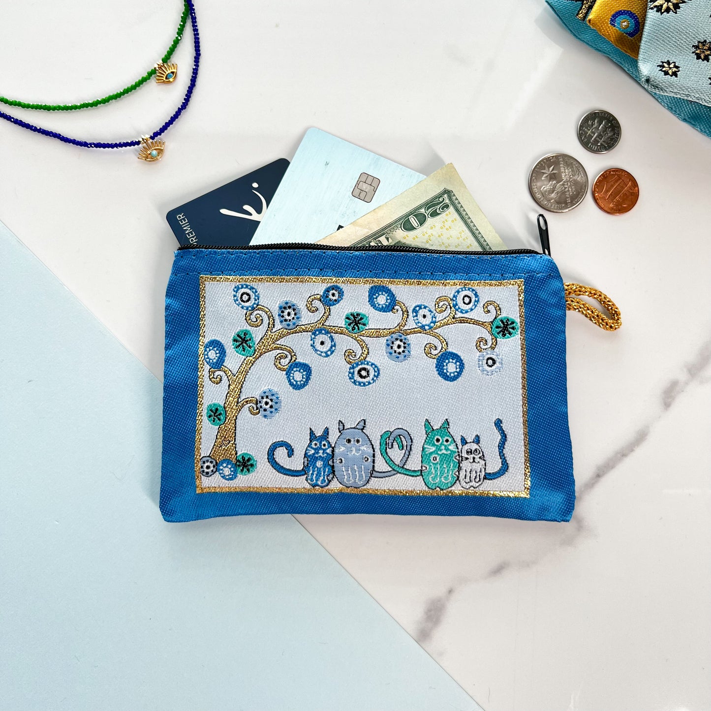 Cute Fabric Pouch, Handmade Zipper Pouch with Cats and Evil Eye