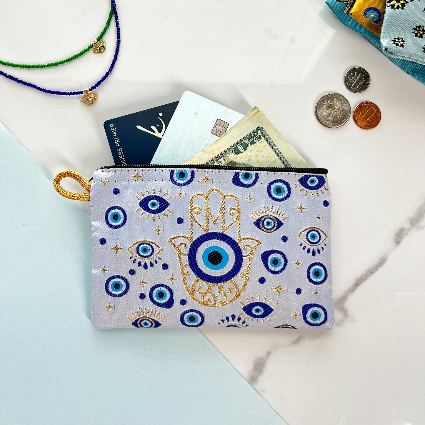 Hamsa Hand and Evil Eye Coin Purse, Fabric Pouch