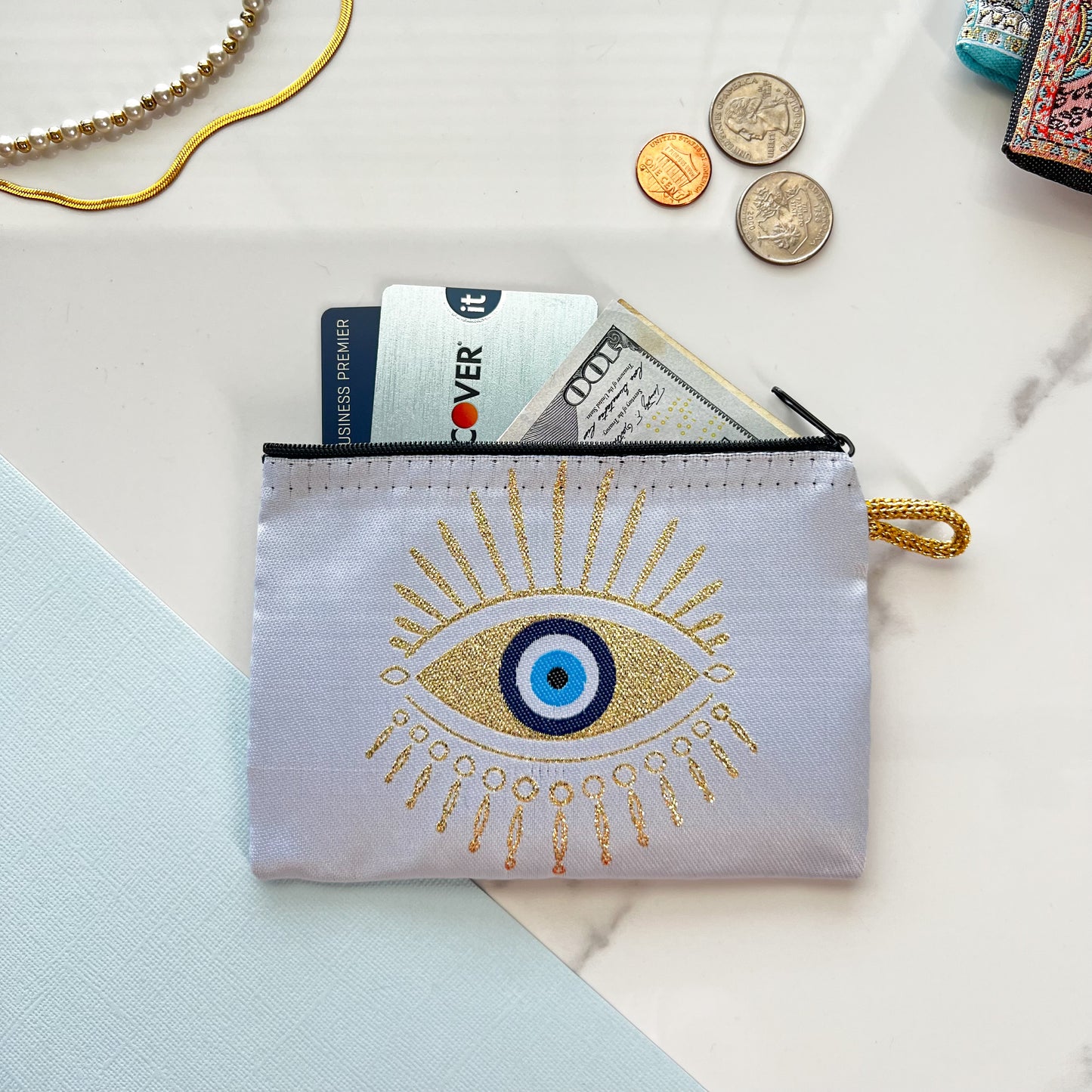 Evil Eye Zipper Pouch, Handmade Coin Purse
