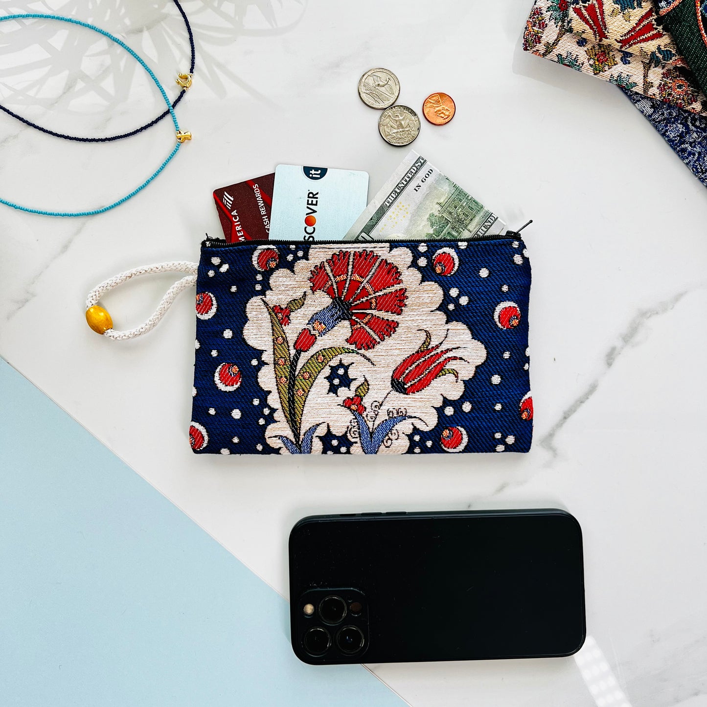 Floral Coin Purse, Woven Fabric Zipper Pouch